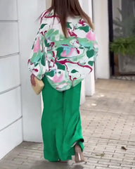 Two Piece Sets Long Puff Sleeve Shirt and Wide Leg Pants Streetwear Elegant Printed Vintage Sets