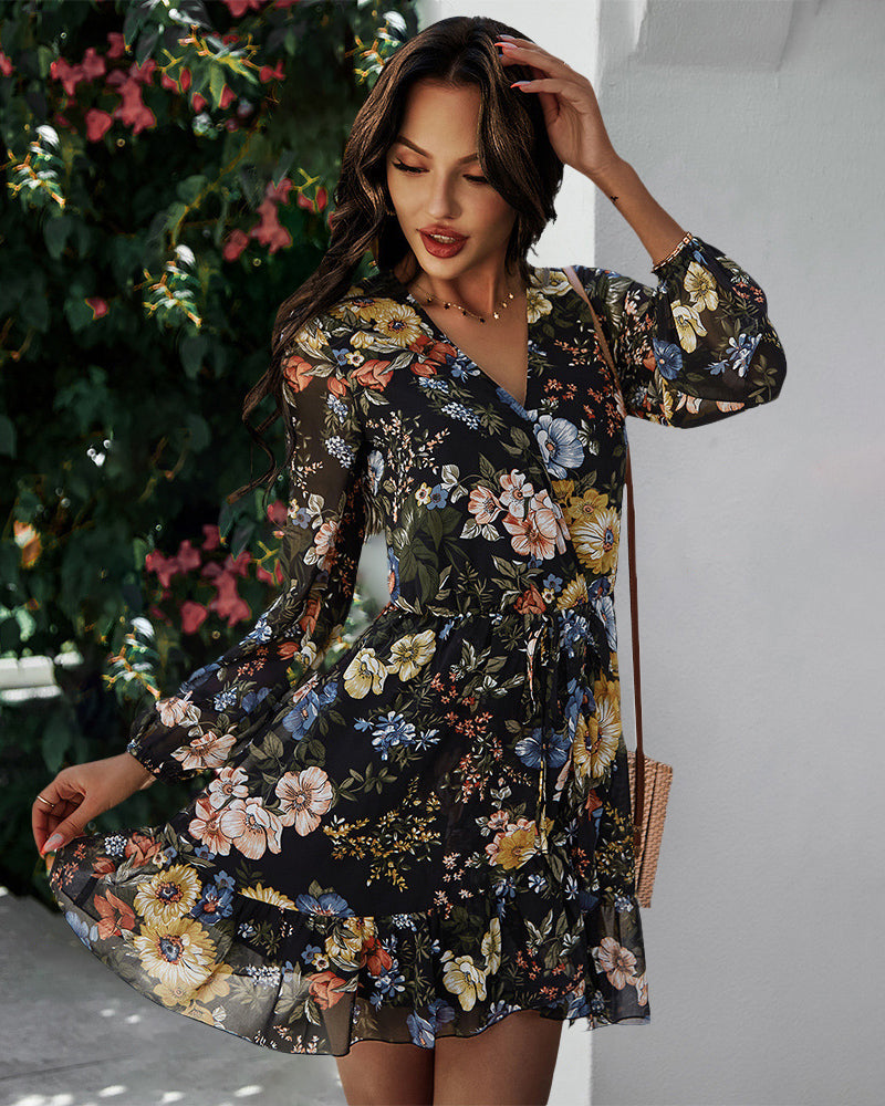 V-neck Long-sleeved Chiffon Print Dress