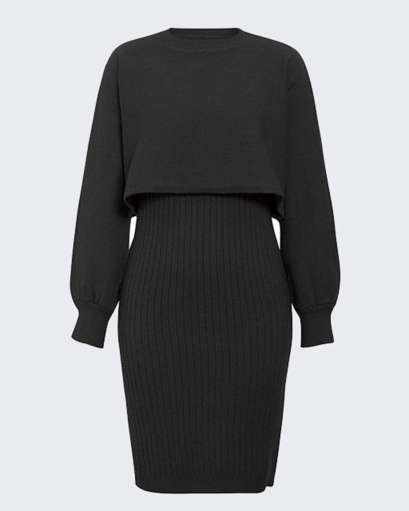 Women's Two Pieces Sets Long Sleeve Lazy Style Fashionable Sweater + Solid Knitted Skirt Dress