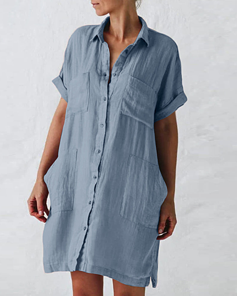 Button Down Long Sleeve V Neck Plain Oversized Dresses Slim Beach Vacation Shirt Dress