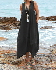 Dress V Neck Sundress Casual Solid Baggy Maxi Flowy Dresses with Pockets