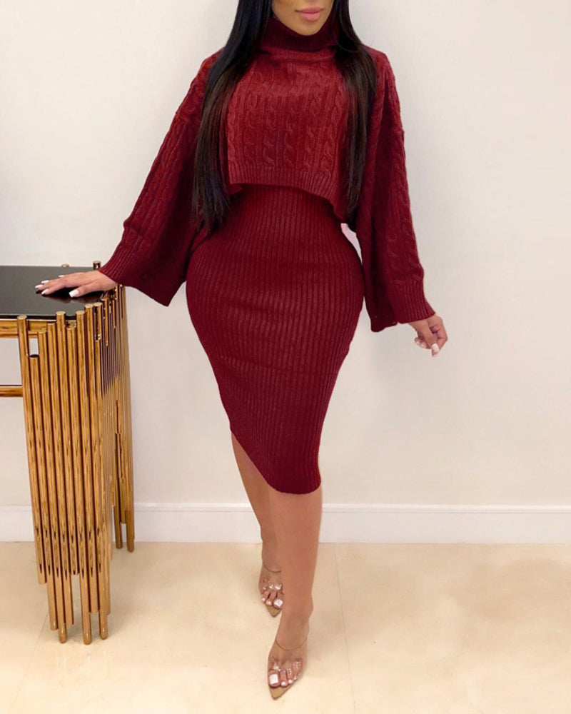 Women's Rib knit Sweater Skirt Two Piece Set Outifts Long Sleeve Turtleneck Sweaters and Tank Midi Dresses