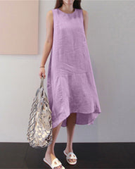 Round Neck Sleeveless Loose Solid Color Long Swing Cotton Linen Dress