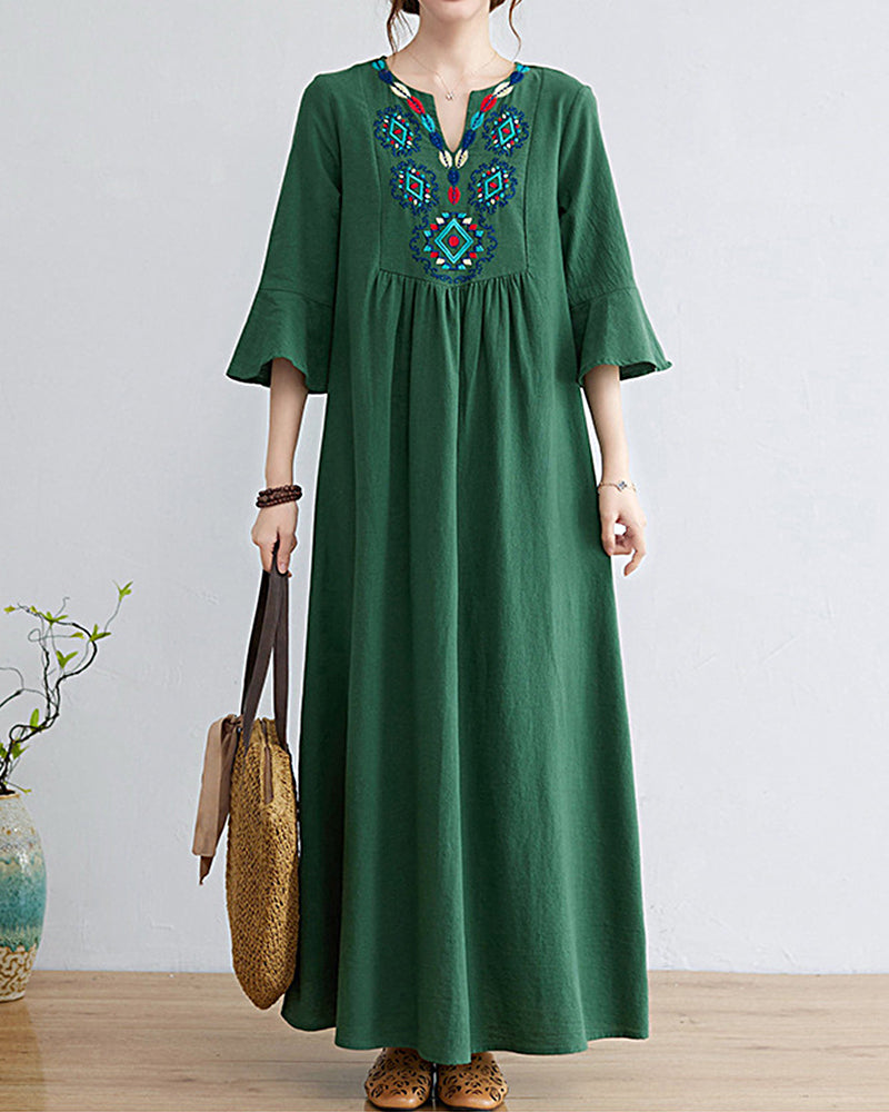 Loose Embroidered Floral Cotton Linen V-Neck 3/4 Sleeve Dress