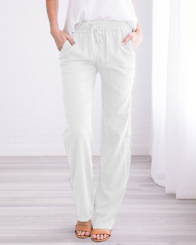 Solid Color Drawstring Elastic Waist Pants Casual Trousers with Pockets