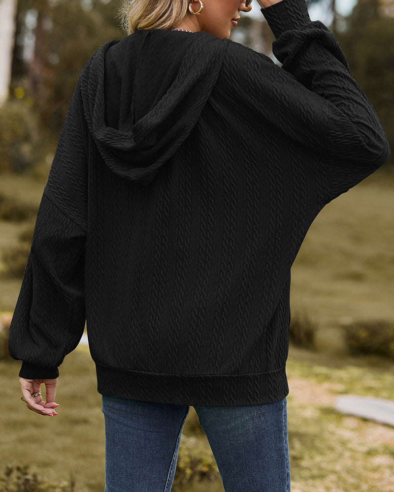 V-Neck Zipper Closure Solid Color Long Loose Hoodie Jacket