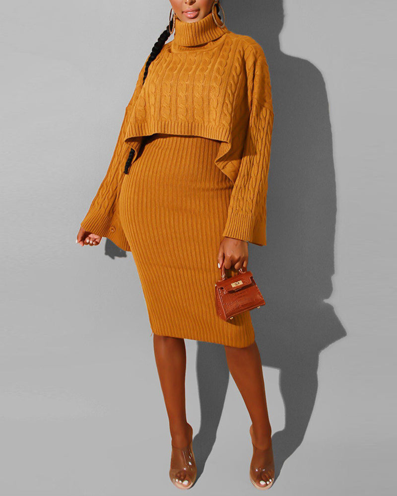 Women's Rib knit Sweater Skirt Two Piece Set Outifts Long Sleeve Turtleneck Sweaters and Tank Midi Dresses