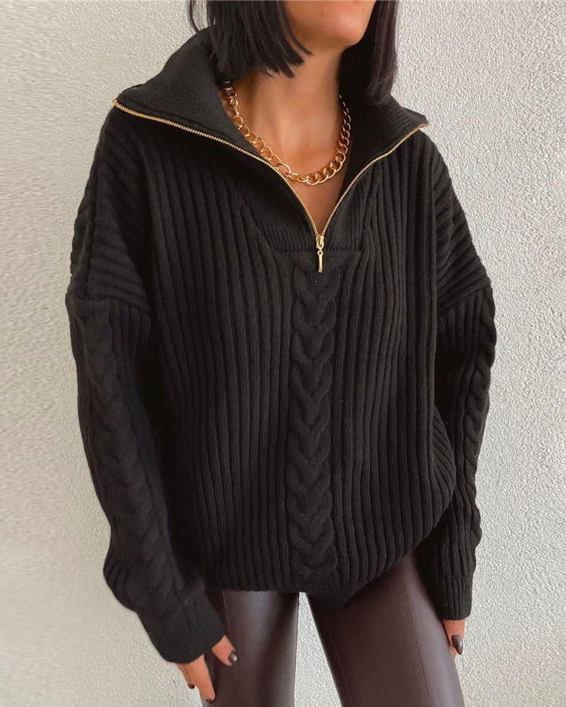 Zipper Lapel Twist Loose Solid Color Knitted Sweater