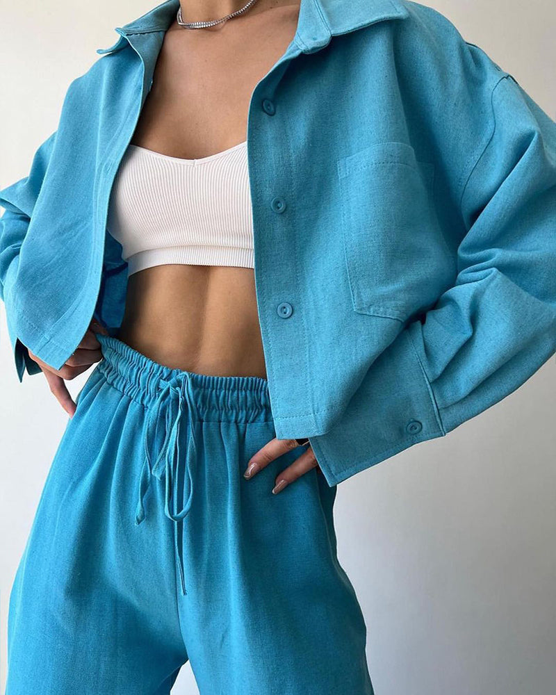 Two Piece Outfits Casual Lounge Sets Long Sleeve Short Casual Shirt with Drawstring Trousers Set