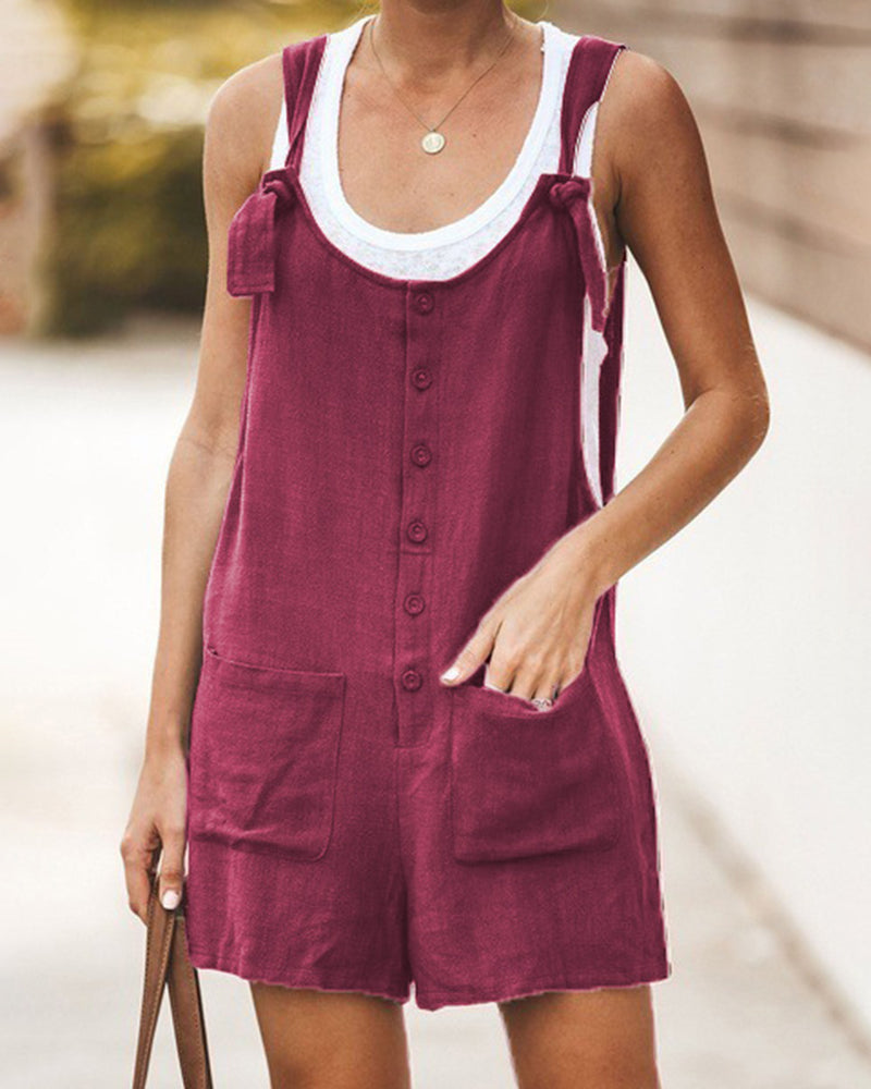 Sleeveless Baggy Fit Overall Strappy Tie Knot Shorts Jumpsuit Csaual Cute Rompers with Plus Size Patch Pockets