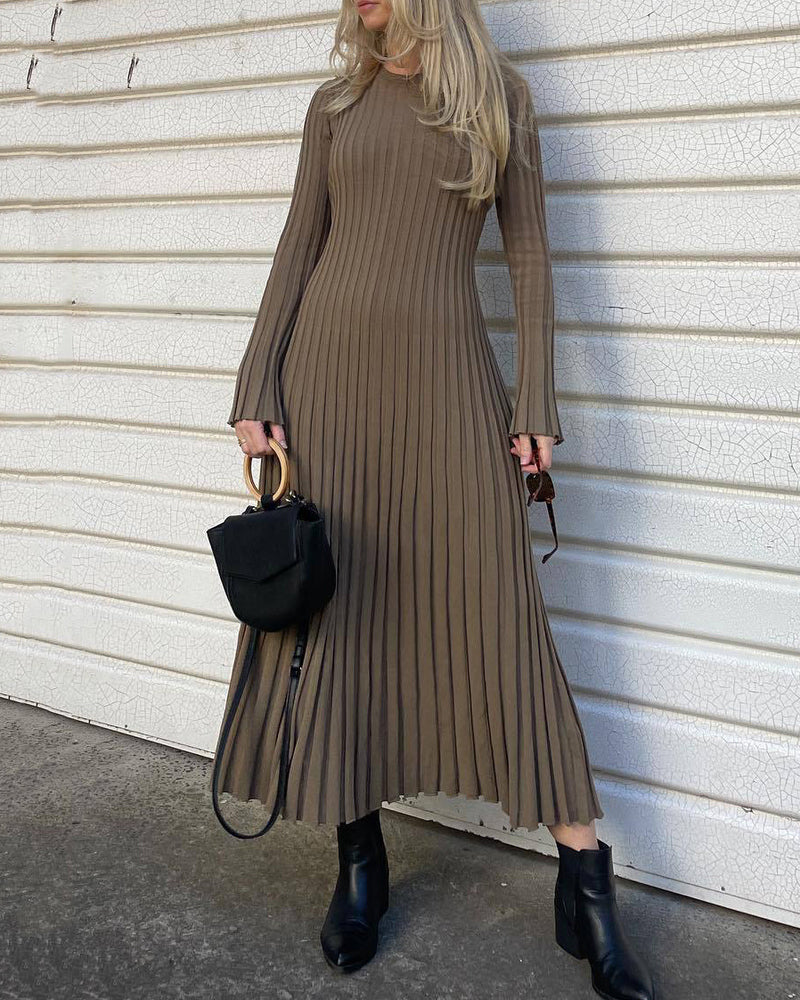 Long Sleeve Dress Crew-Neck Knit Maxi Dress Ribbed Elegant Long High Waist Pleated Dresses