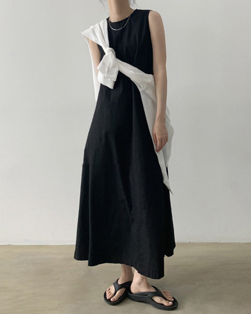 Loose Cotton Linen Dress Long Sleeveless Knee Tank Dress