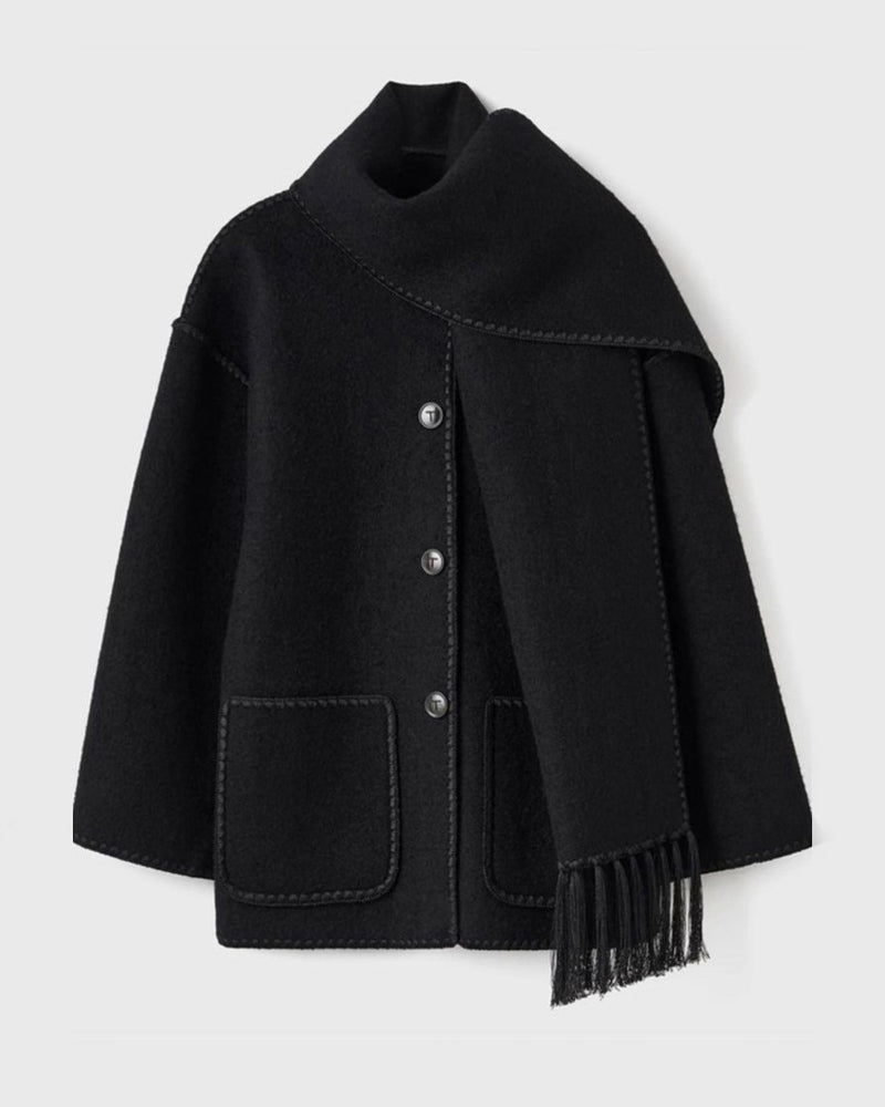 Women's Thickened Loose Woolen Coat with Fringed Scarf