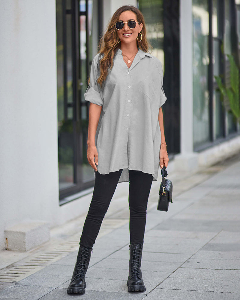 Long Cuffed Sleeve Shirts Button Down V Neck Blouse Loose Fitting Tops