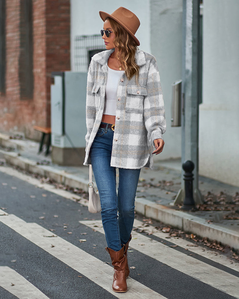 Plaid Fuzzy Longline Jacket with Pockets