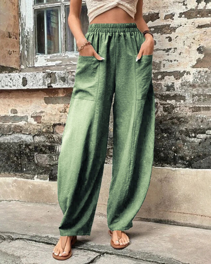 Solid Color Bottoms Elastic Waisted Pant Summer Baggy Trousers Straight Leg Pants