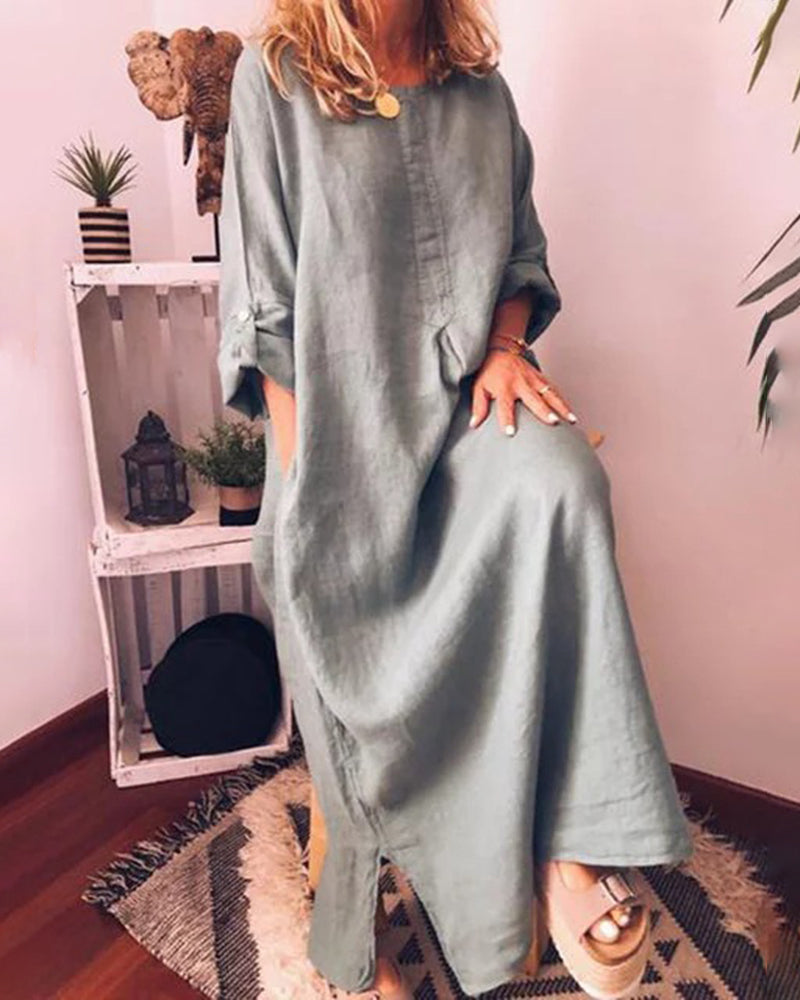 Long Sleeve Solid Color Plus Size Loose Fit Maxi Cotton Linen Dress Round Neck Button Up Dresses with Pocket