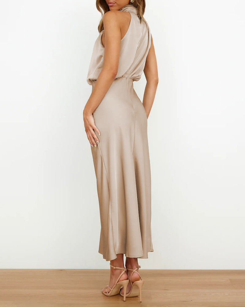 Long Formal Satin Dress Mock Neck High Neck Evening Dress