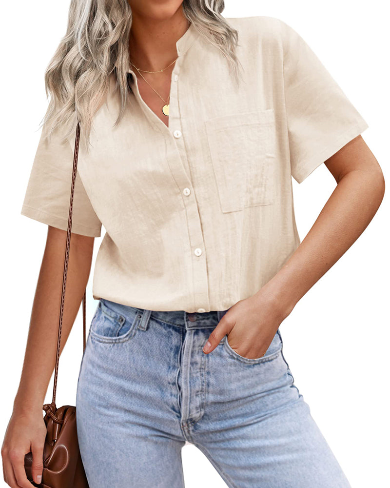 Women Casual Linen Shirts Henley Short Sleeve Blouses Lightweight Loose Top - Zeagoo (Us Only)