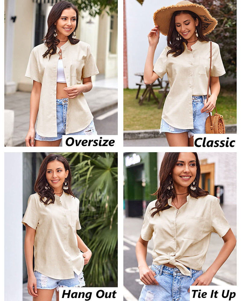 Women Casual Linen Shirts Henley Short Sleeve Blouses Lightweight Loose Top - Zeagoo (Us Only)