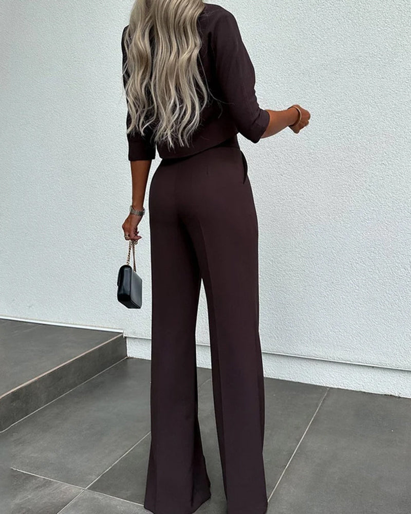 Casual Two-Piece Set Slim-Fit Half-sleeve Crop Tops and Wide-Leg Pants