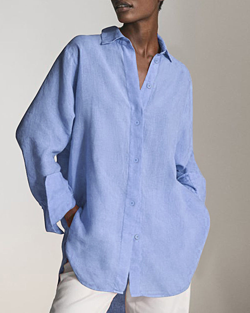 Long Sleeve Loose Casual Women's Shirt Solid Color Lapel Shirt Top