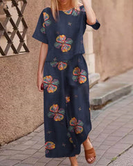 Short Sleeve Tops and Wide Leg Pants Casual Loose Fit Retro Print Two Piece Loungewear Sets