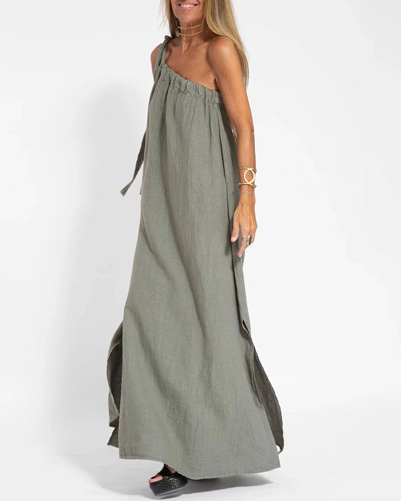 Sleeveless Asymmetrical Off-Shoulder Slit Dress