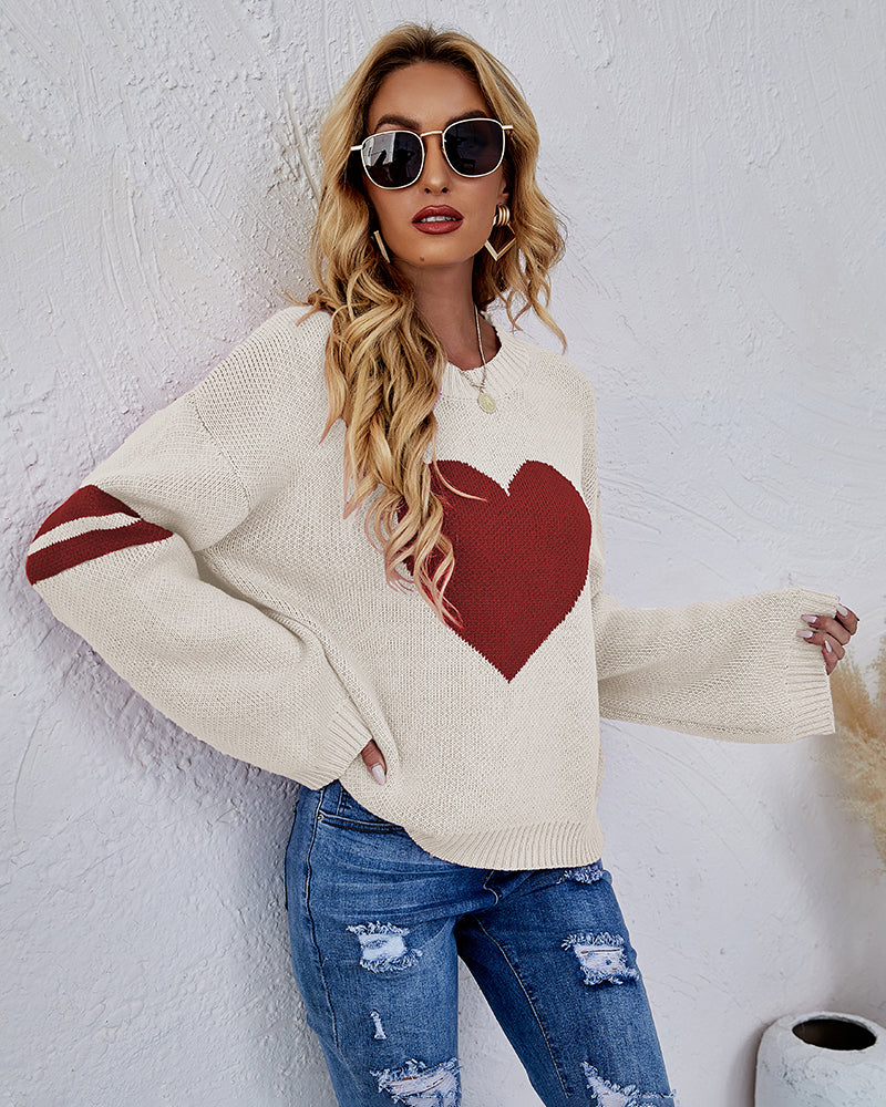 Valentine's Day Loose Heart Pattern Knitted Sweater