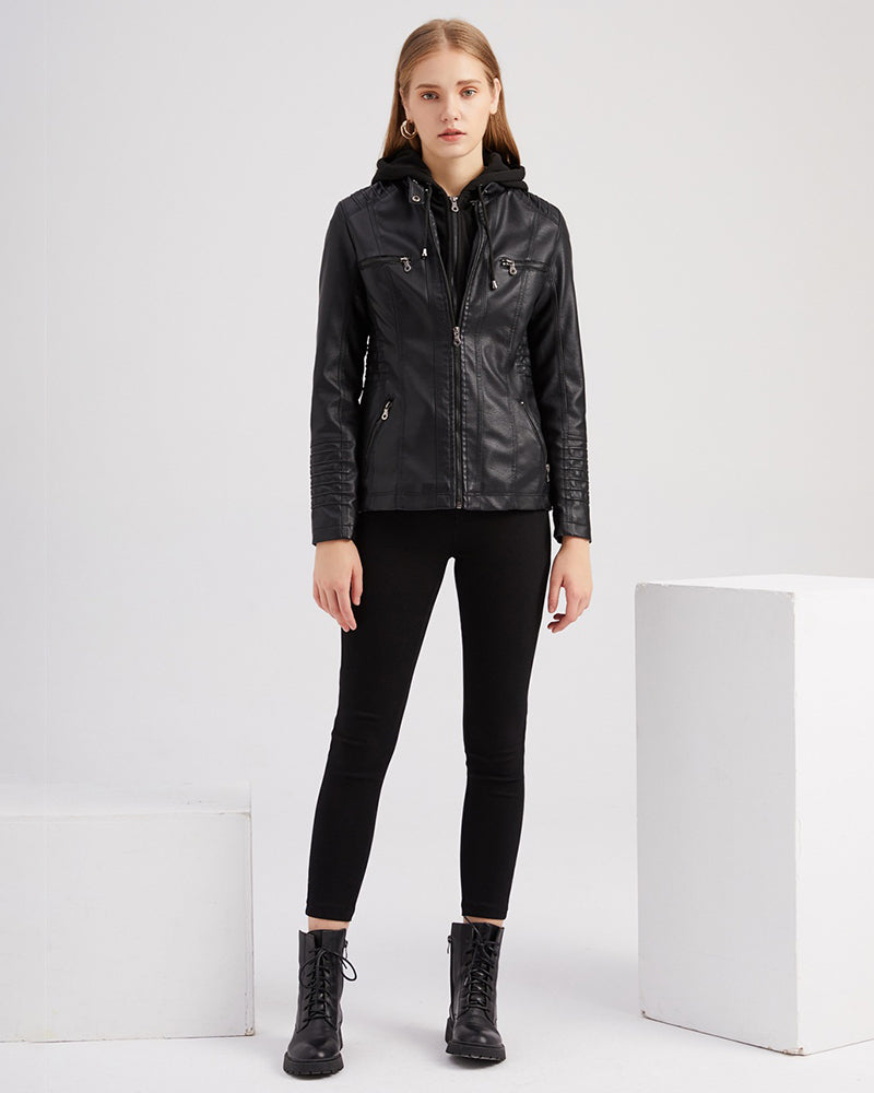 Removable Hooded PU Faux Leather Jackets Coats