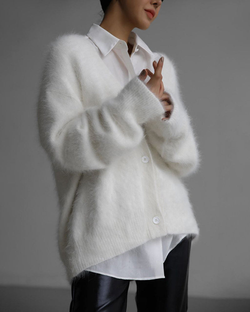 Fuzzy V Neck Loose Cardigan Sweater