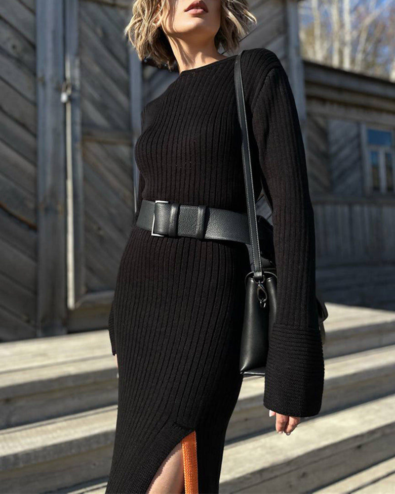 Slit-fitting Sweater Dress Long-sleeved Knitted Mid-length Dress