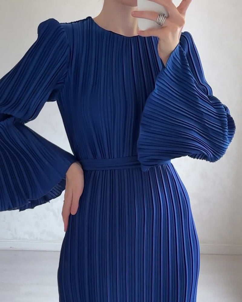 Pleated Bell Sleeve Back Tie Up Maxi Dress