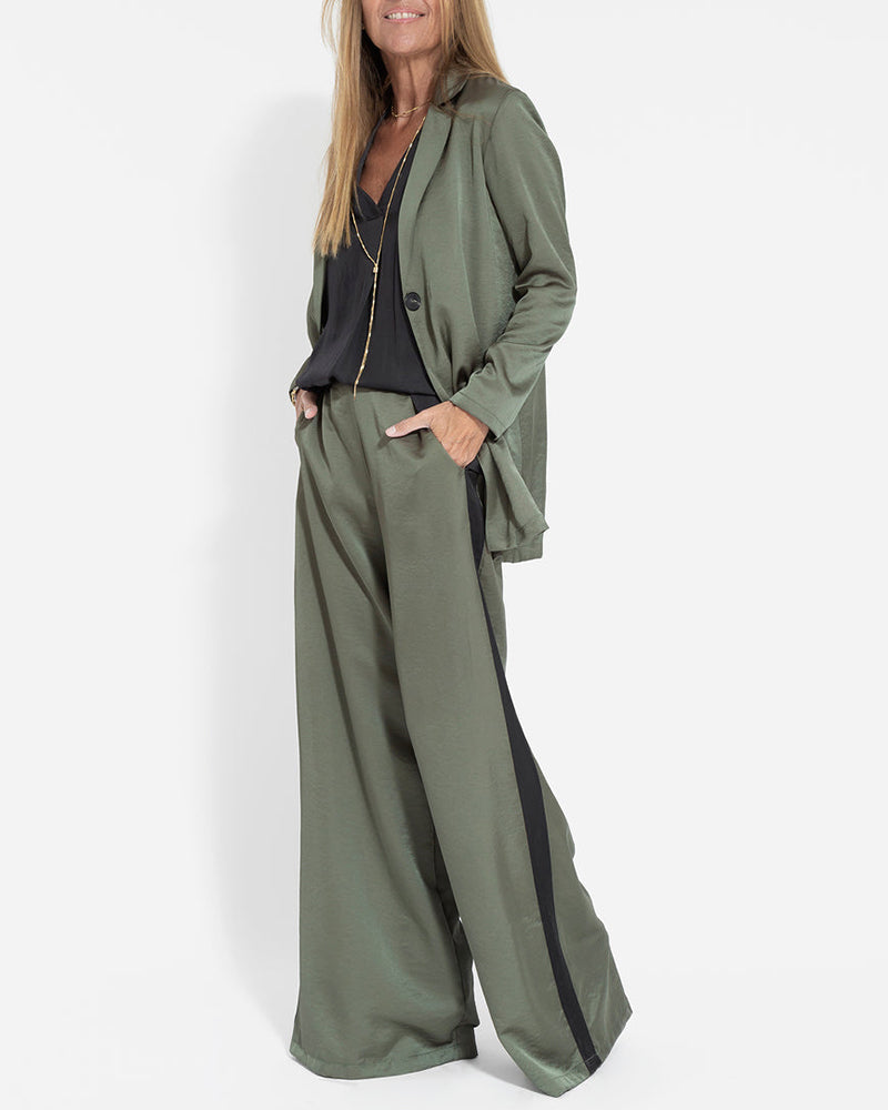 Two-Piece Set Long Sleeve Lapel Leisure Blazers Plain Wide Leg Pants Suits