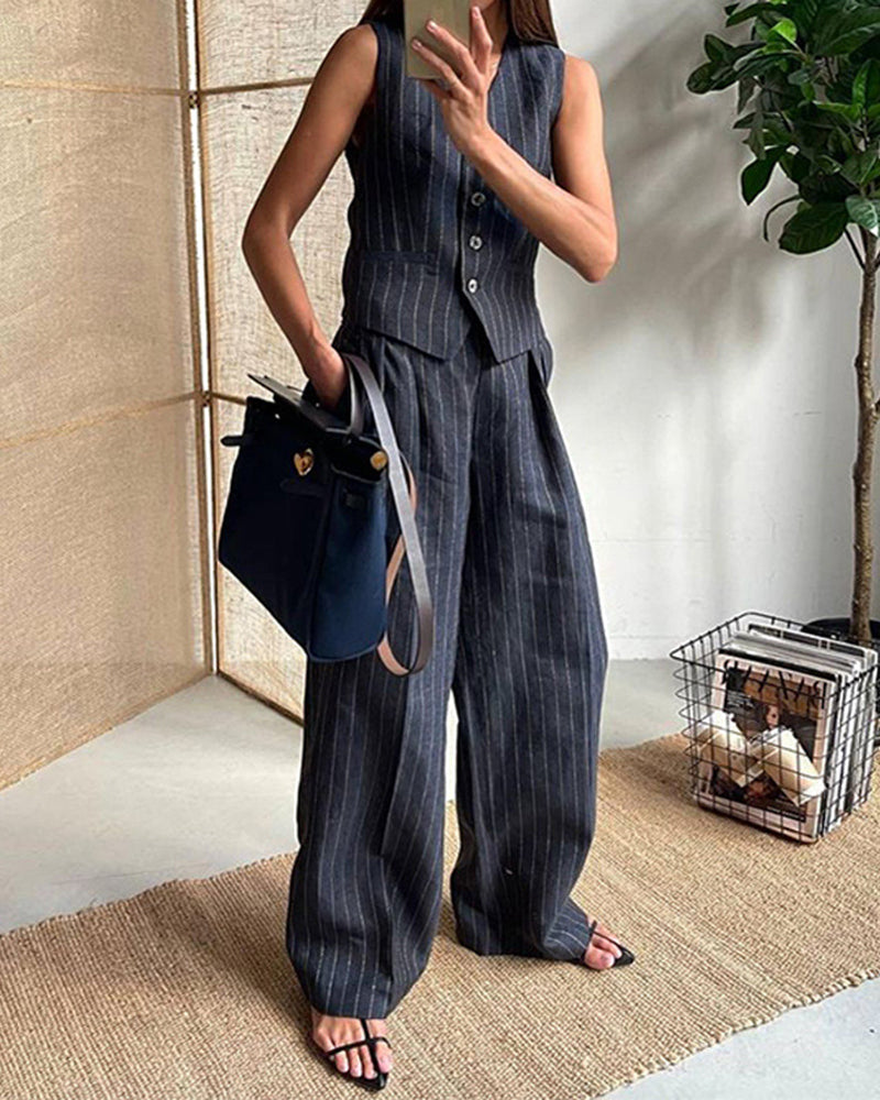 Striped Casual Two-piece Set V-neck Vest Trousers Pants Suit