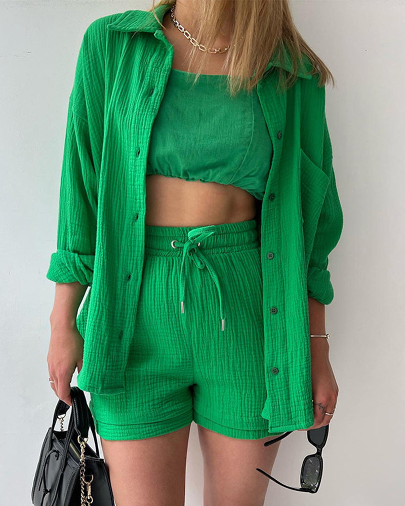 Solid Pocket Patched Drop Shoulder Blouse & Shorts Sets