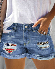 Independence Day Leopard Heart Print Ripped Destroyed Slim Butt Lift Shorts Jeans