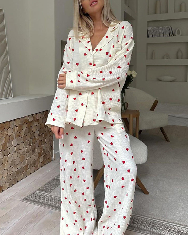 Casual Heart-print Long Sleeve Soft Pajama Set