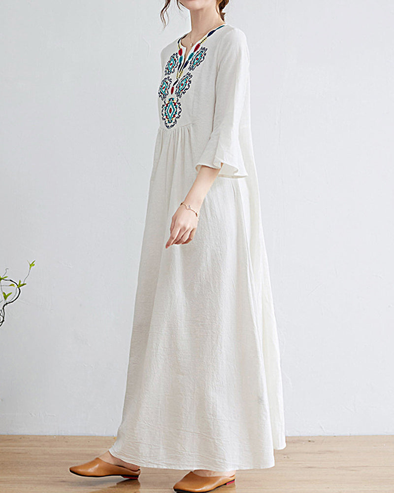 Loose Embroidered Floral Cotton Linen V-Neck 3/4 Sleeve Dress