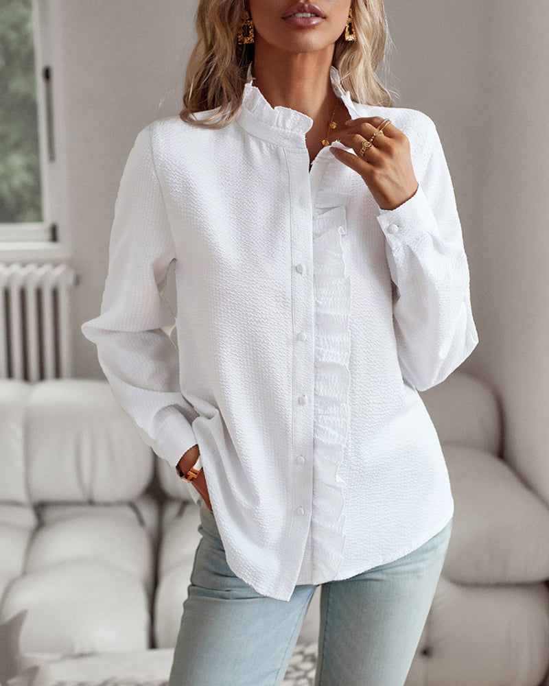 Ruffle Trim Button Front Shirt Regular Fit Long Sleeve Work Blouse