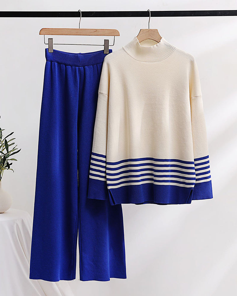 Casual Loose Knitted Two-piece Set Wide-leg Pants Contrast Color Sweater Suit