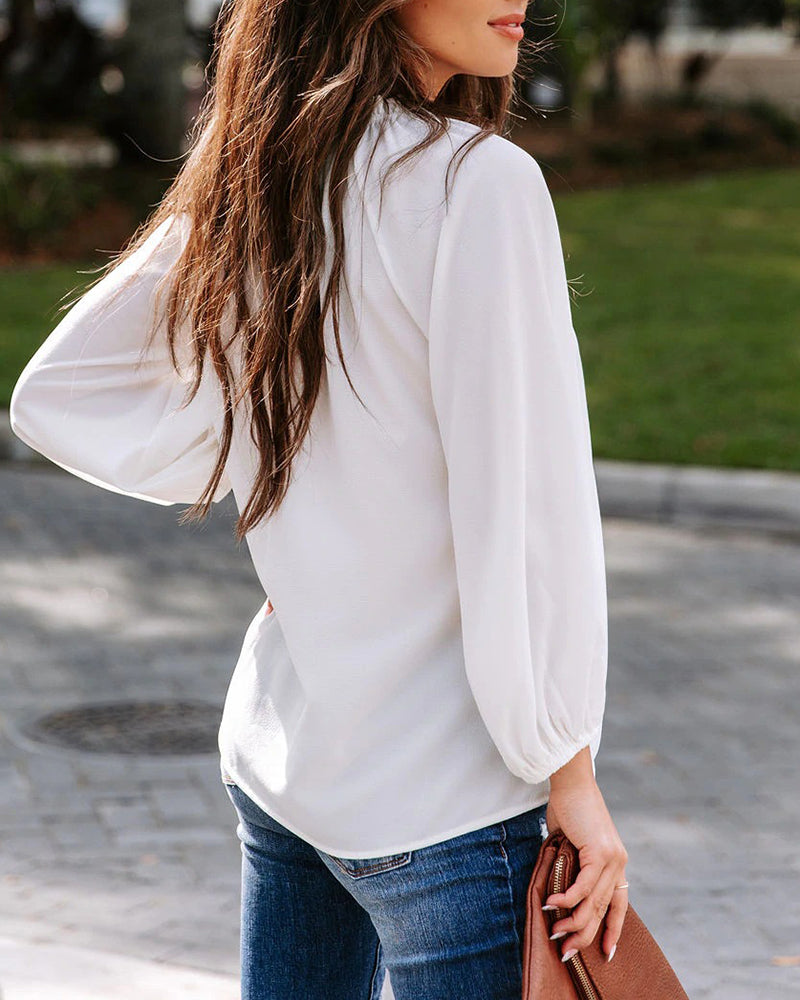 V Neck Chiffon Plain Long Sleeve Loose Casual Work Office Blouses