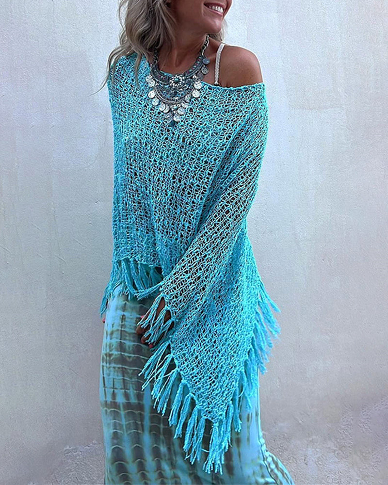 Dolman Sleeve Fringe Knit Sweater Pullover Cape Shawl Blouse