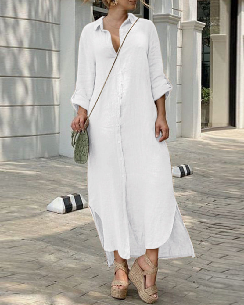 Casual Long Sleeve Button Front Maxi Shirt Dresses