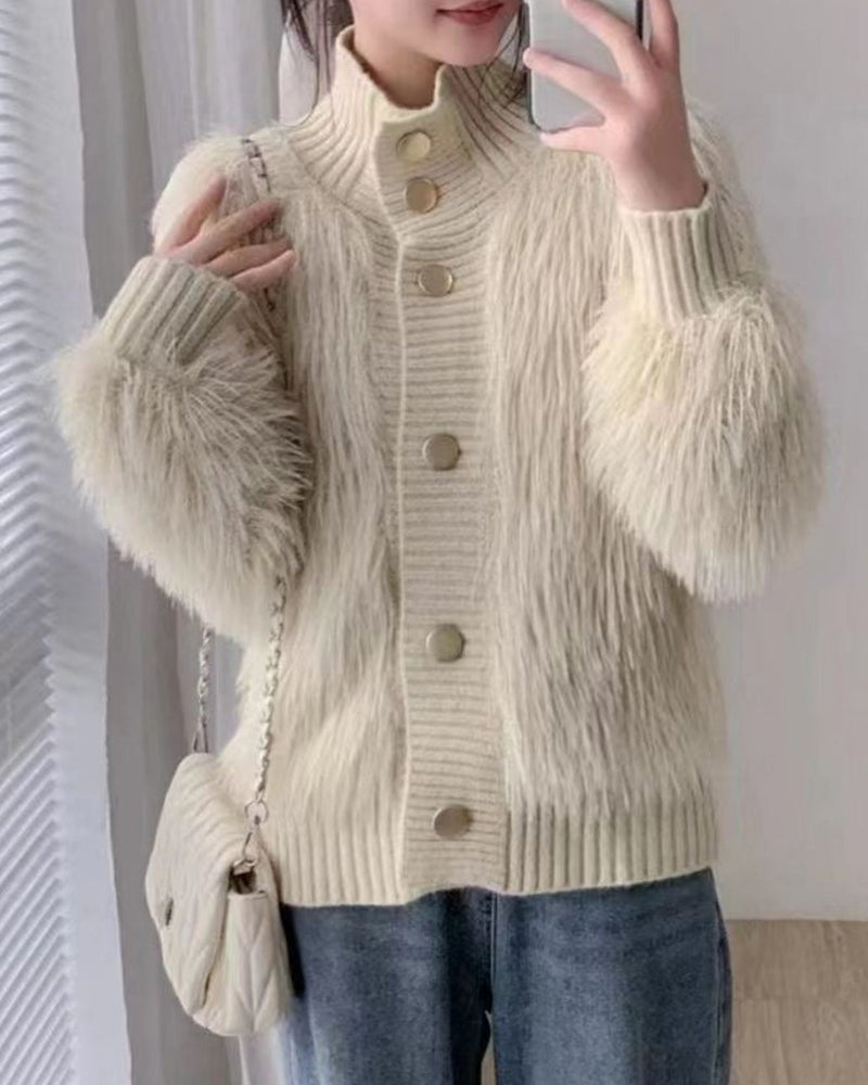 Women's Faux Fur Sweater Cardigan Knitted Turtleneck Jumper Fluffy Coat