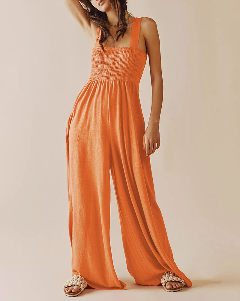 Spaghetti Strap Jumpsuit Casual Sleeveless Ruffled with Pockets High Waist Loose Wide Leg Pants Romper