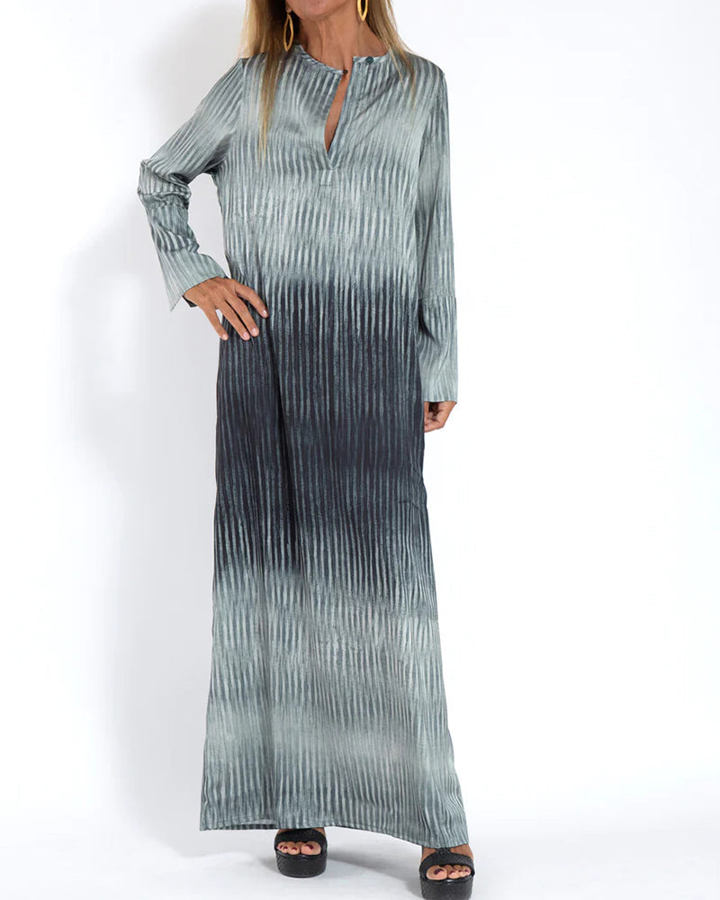 Ombre Print Long Sleeve Pleated Long Dress
