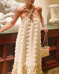 Flowy Cut Out Halter Neck Long Dress 3D Flower Chiffon Ruffle Frill Trim Puffy Swing Dress