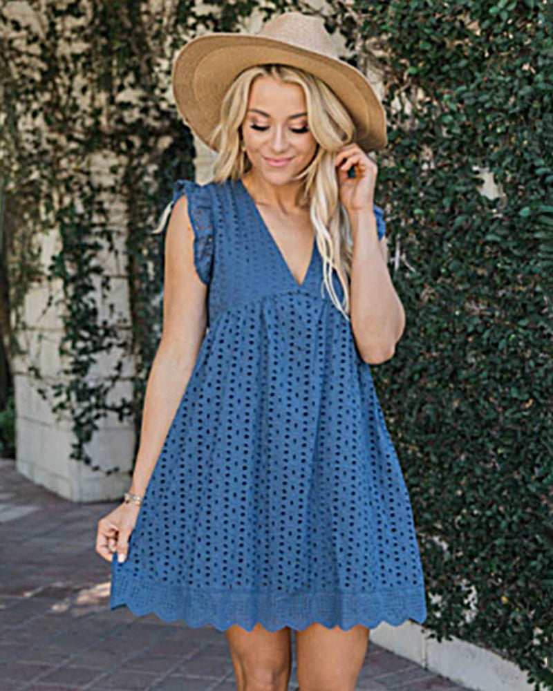 Sleeveless V Neck Lace Dresses with Pockets Loose Fit Flowy Pleated Swing Dress