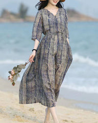 V-neck Half Sleeve Retro Striped Print Waist Midi Dress